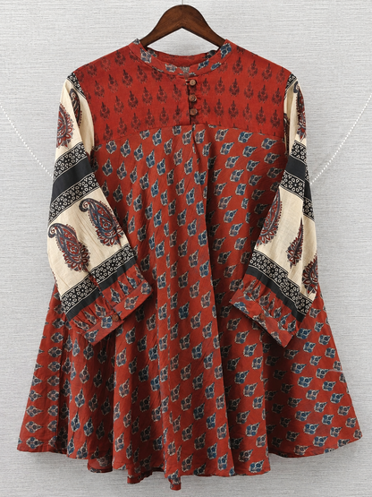 Red beige ajrakh inspired Mul Chanderi Short Kurti for Women
