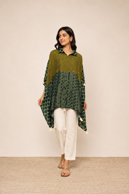 Olive Green Printed Fusion Kaftan Top