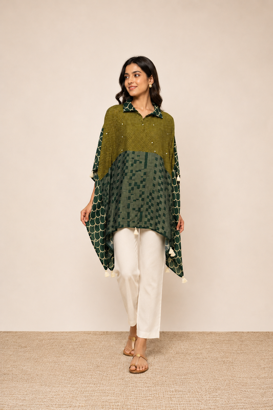 Olive Green Printed Fusion Kaftan Top