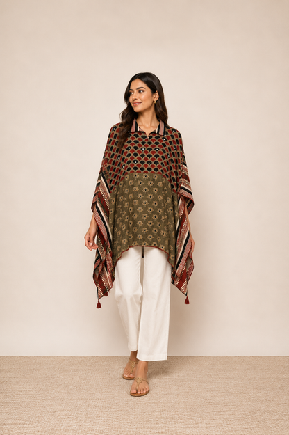 Olive Green and Red Printed Fusion Kaftan Top