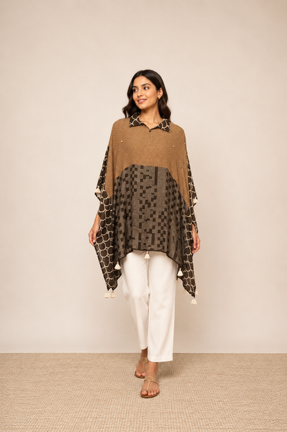 Brown and Grey Printed Fusion Kaftan Top