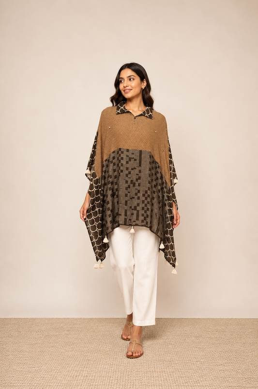 Brown and Grey Printed Fusion Kaftan Top