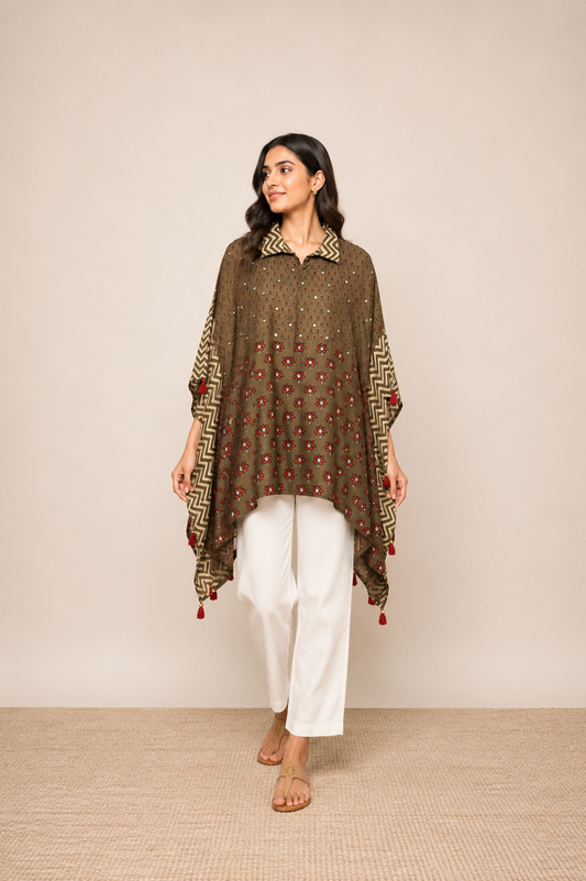 Olive Red Floral Printed Fusion Kaftan Top