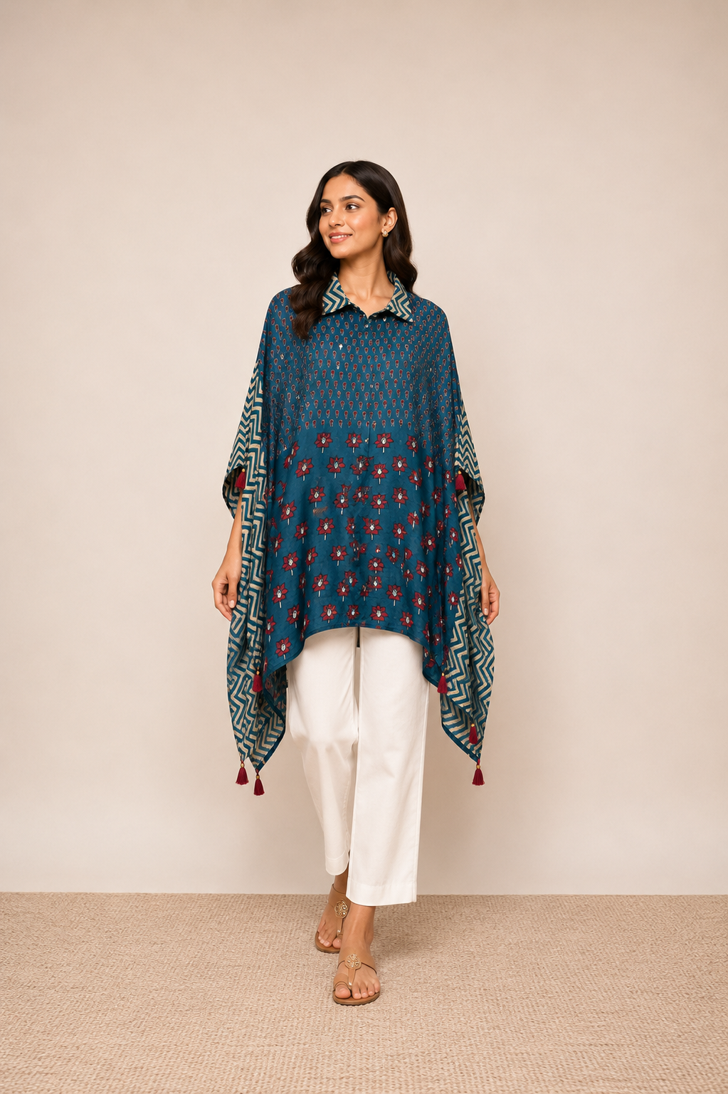 Blue Floral Printed Fusion Kaftan Top