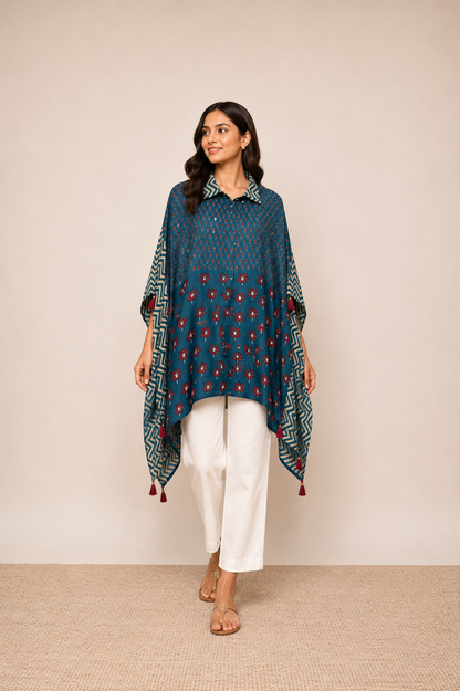 Blue Floral Printed Fusion Kaftan Top