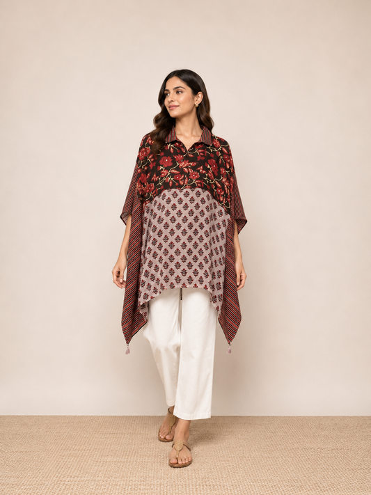 Red Black Floral Printed Fusion Kaftan Top