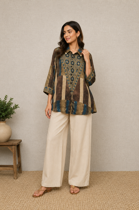 Brown blue Stripe Ajrakh printed Shirt