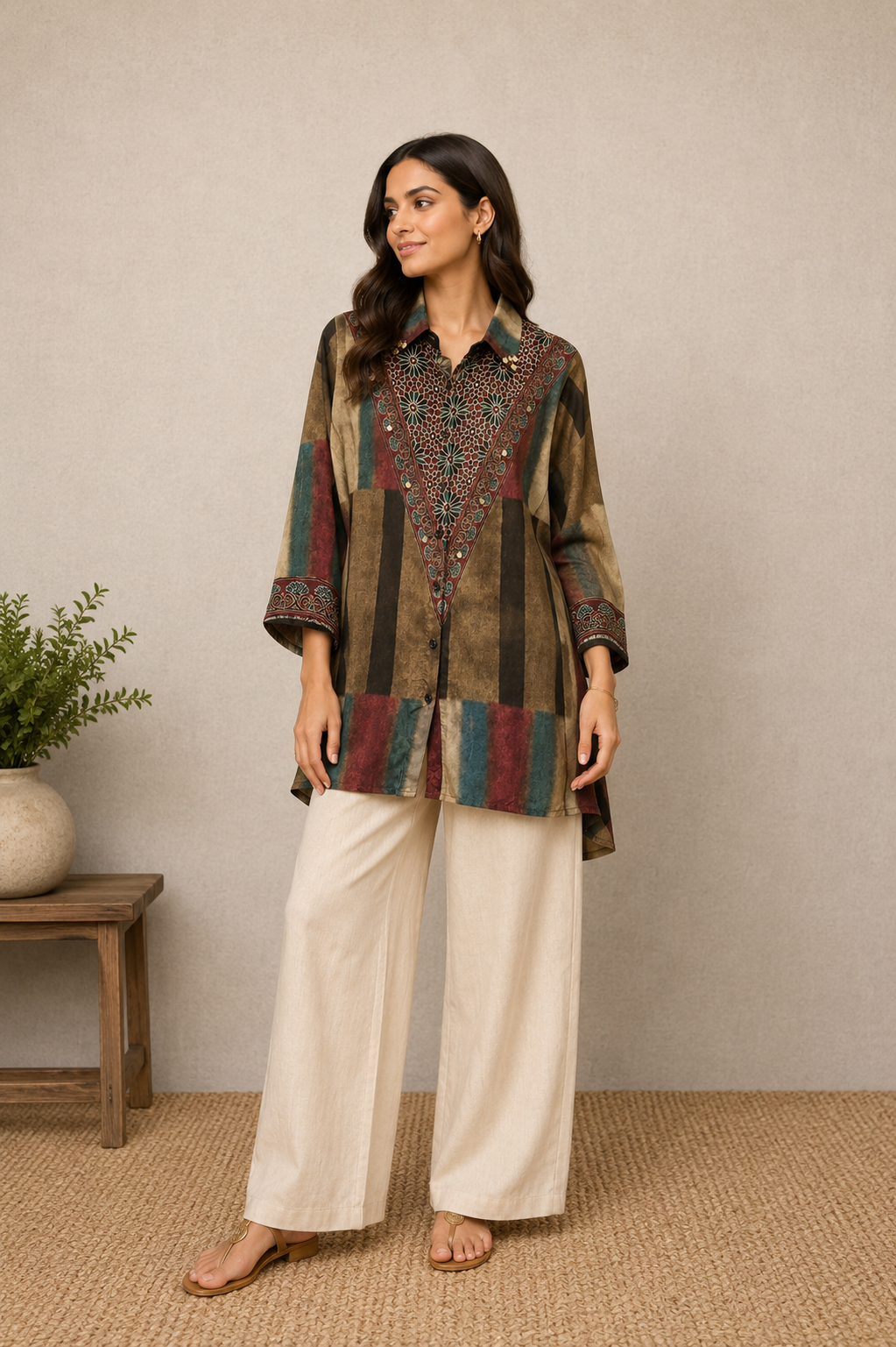 Green Stripe Ajrakh printed Shirt