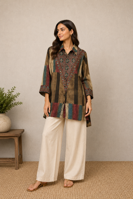 Green Stripe Ajrakh printed Shirt