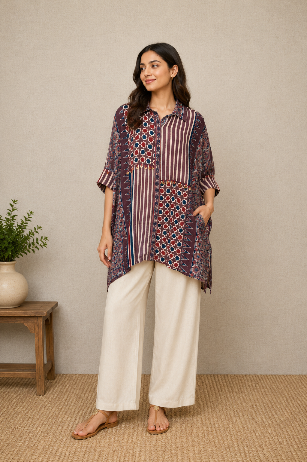Brown stripe half and half Ajrakh Shirt
