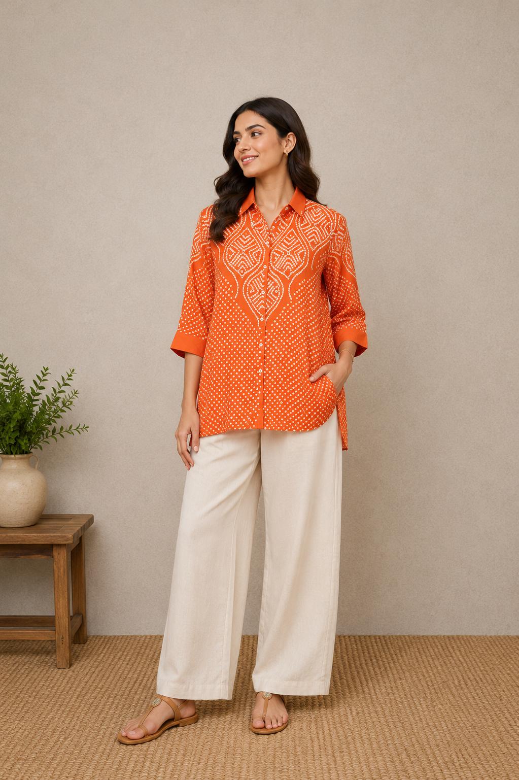 Orange Bandhani embellished Shirt