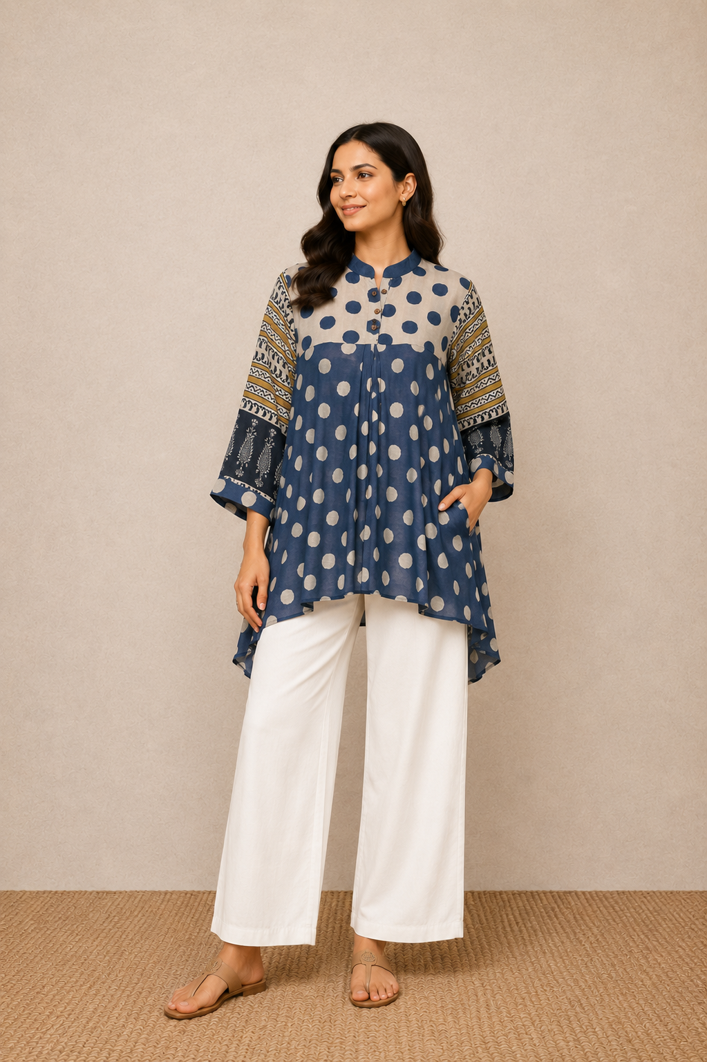 Blue beige Polka Dot Print Fusion A-Line Kurti