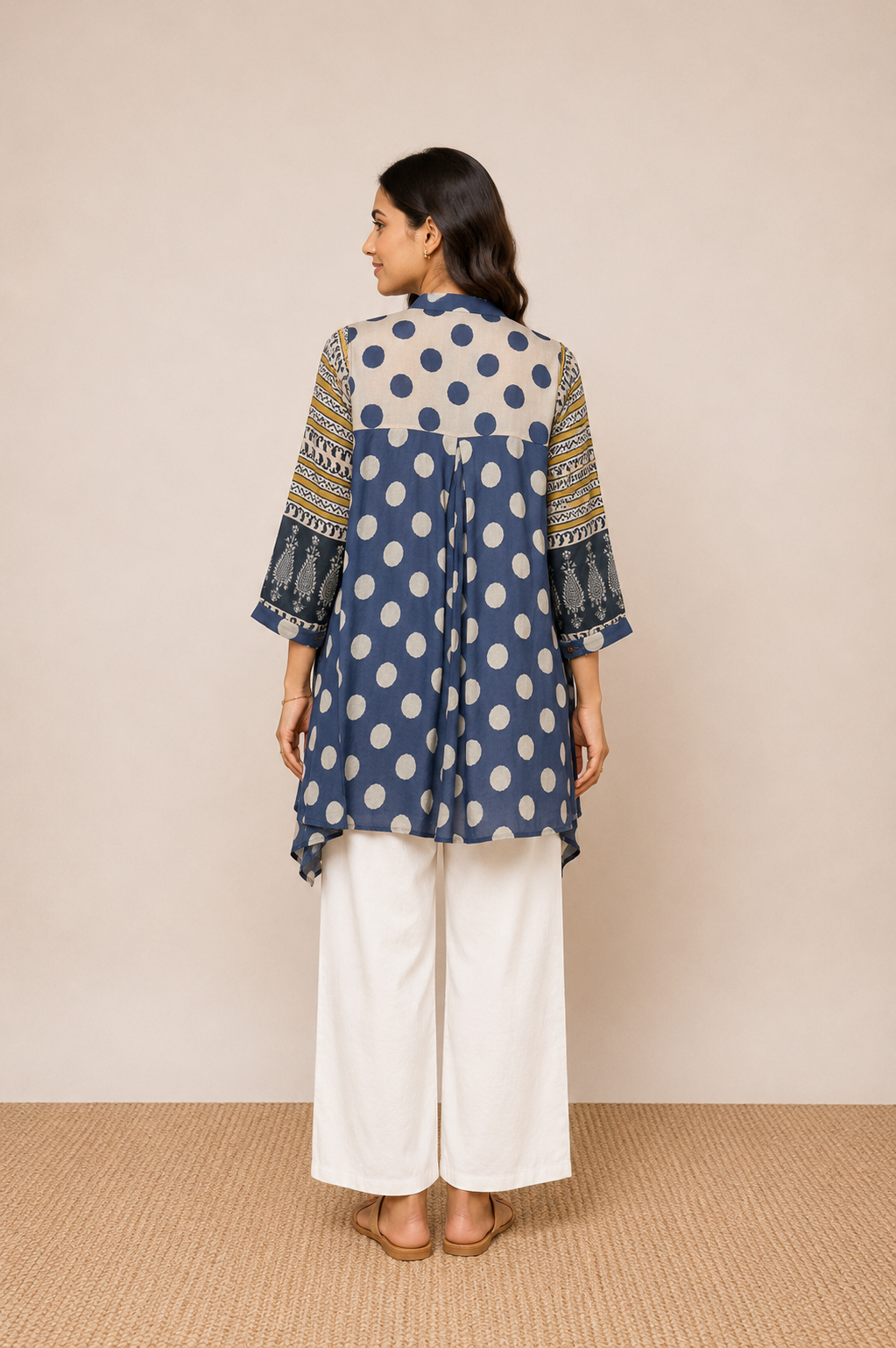 Blue beige Polka Dot Print Fusion A-Line Kurti