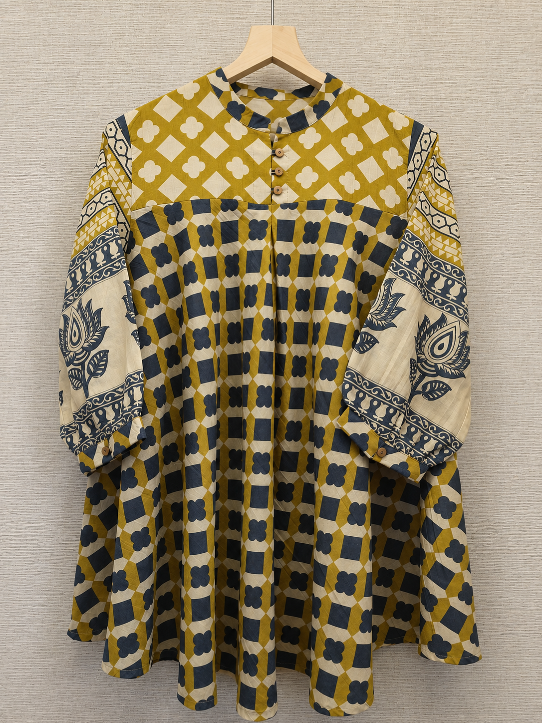 Mustard Geometric Print Mul Chanderi A-Line Kurti for Women