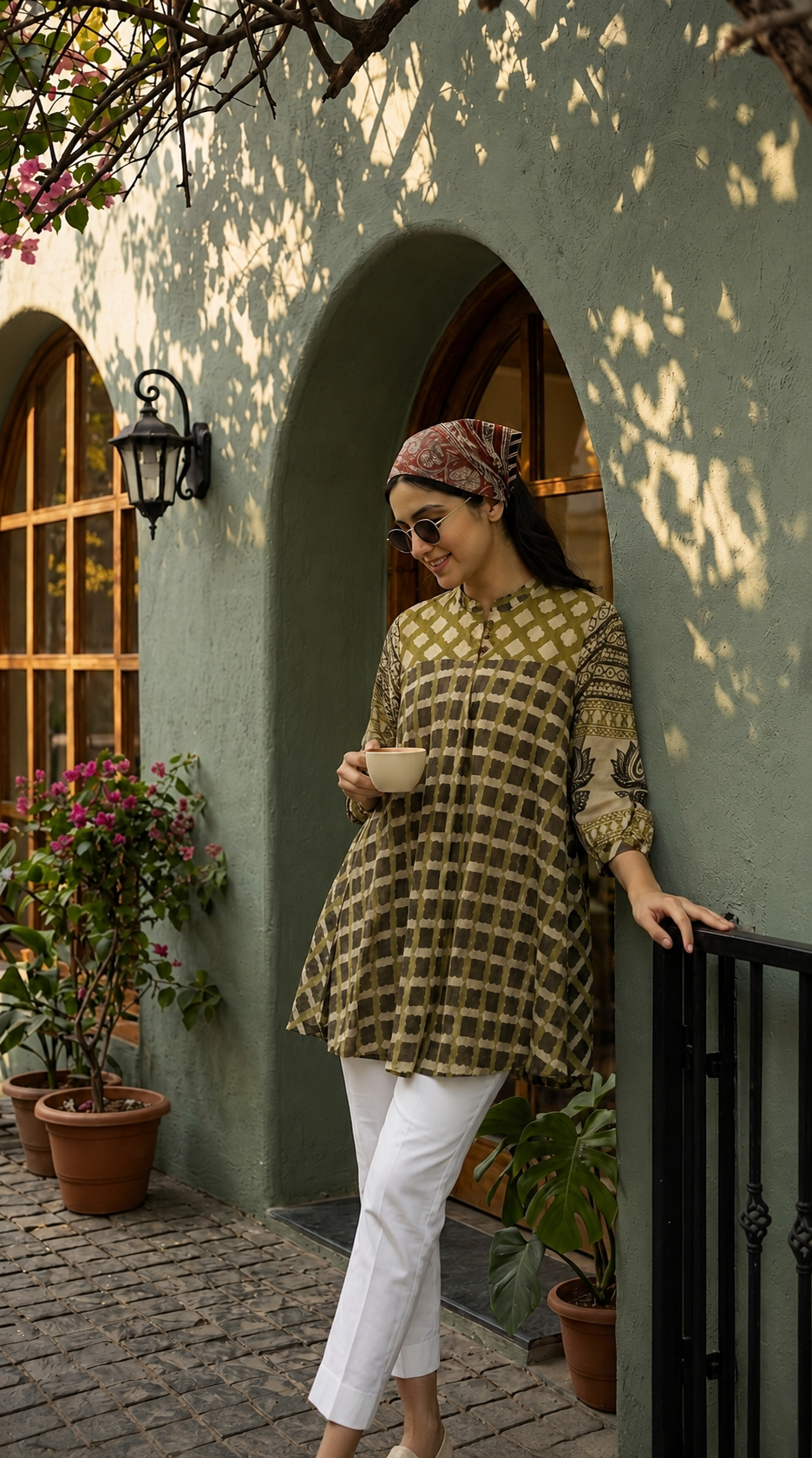 Olive Green Geometric Print Mul Chanderi A-Line Kurti