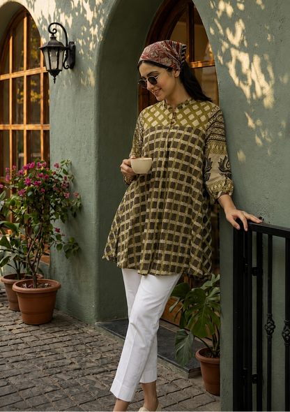 Olive Green Geometric Print Mul Chanderi A-Line Kurti