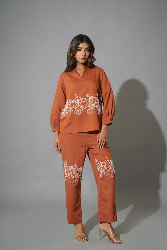 Rust Cotton Embroidered Co-Ord Set