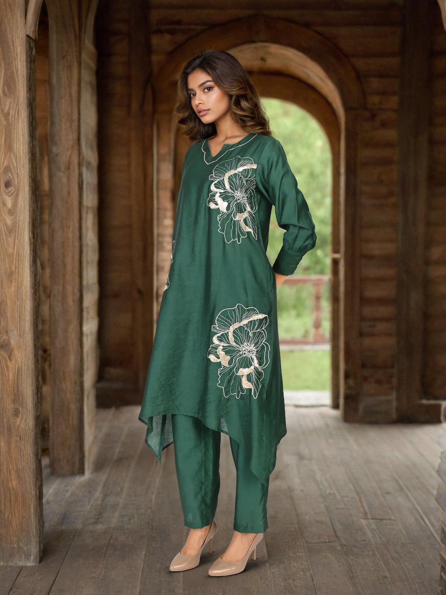Green Zari Embroidery Asymmetrical Kurta Pant set