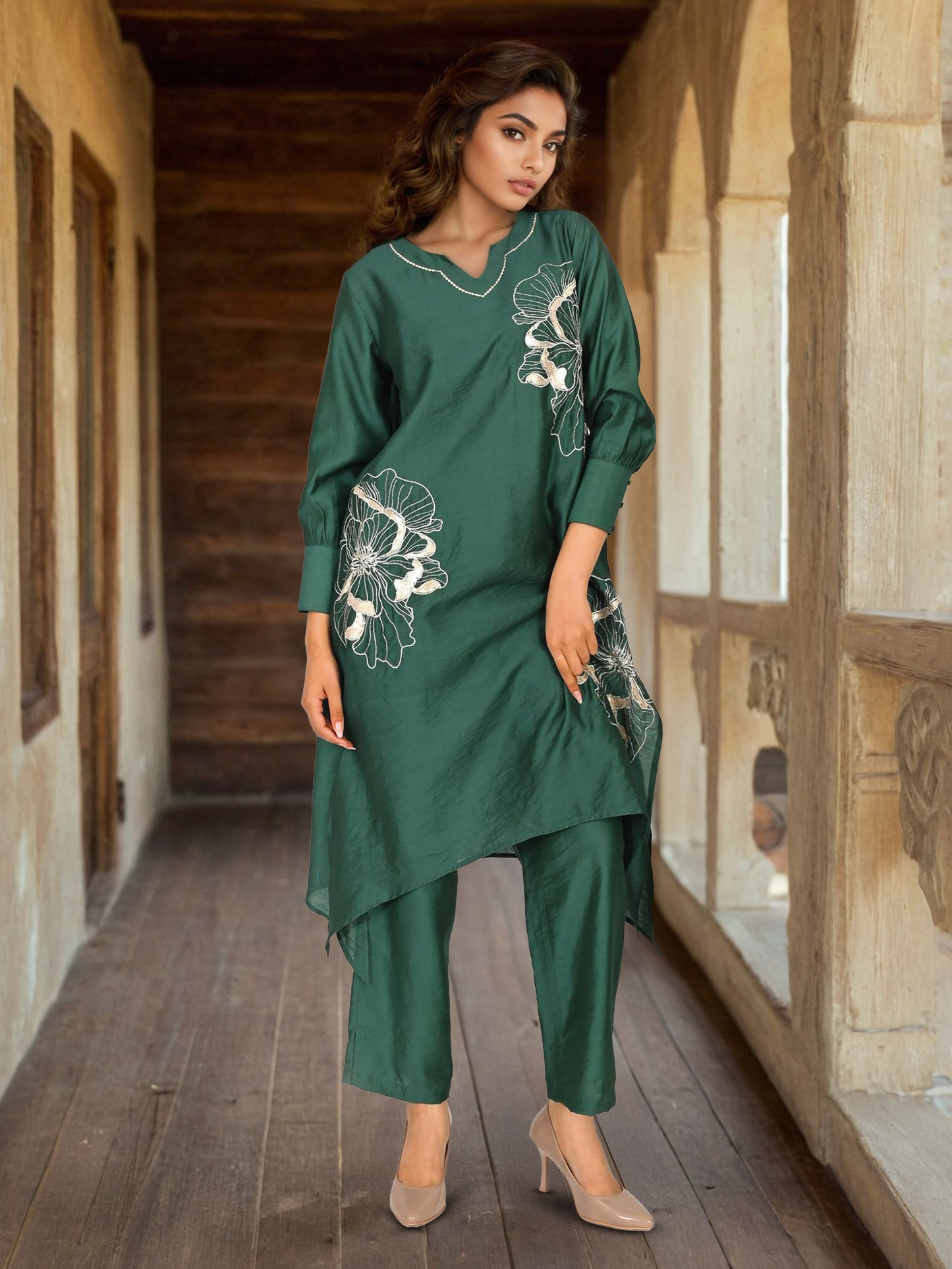 Green Zari Embroidery Asymmetrical Kurta Pant set