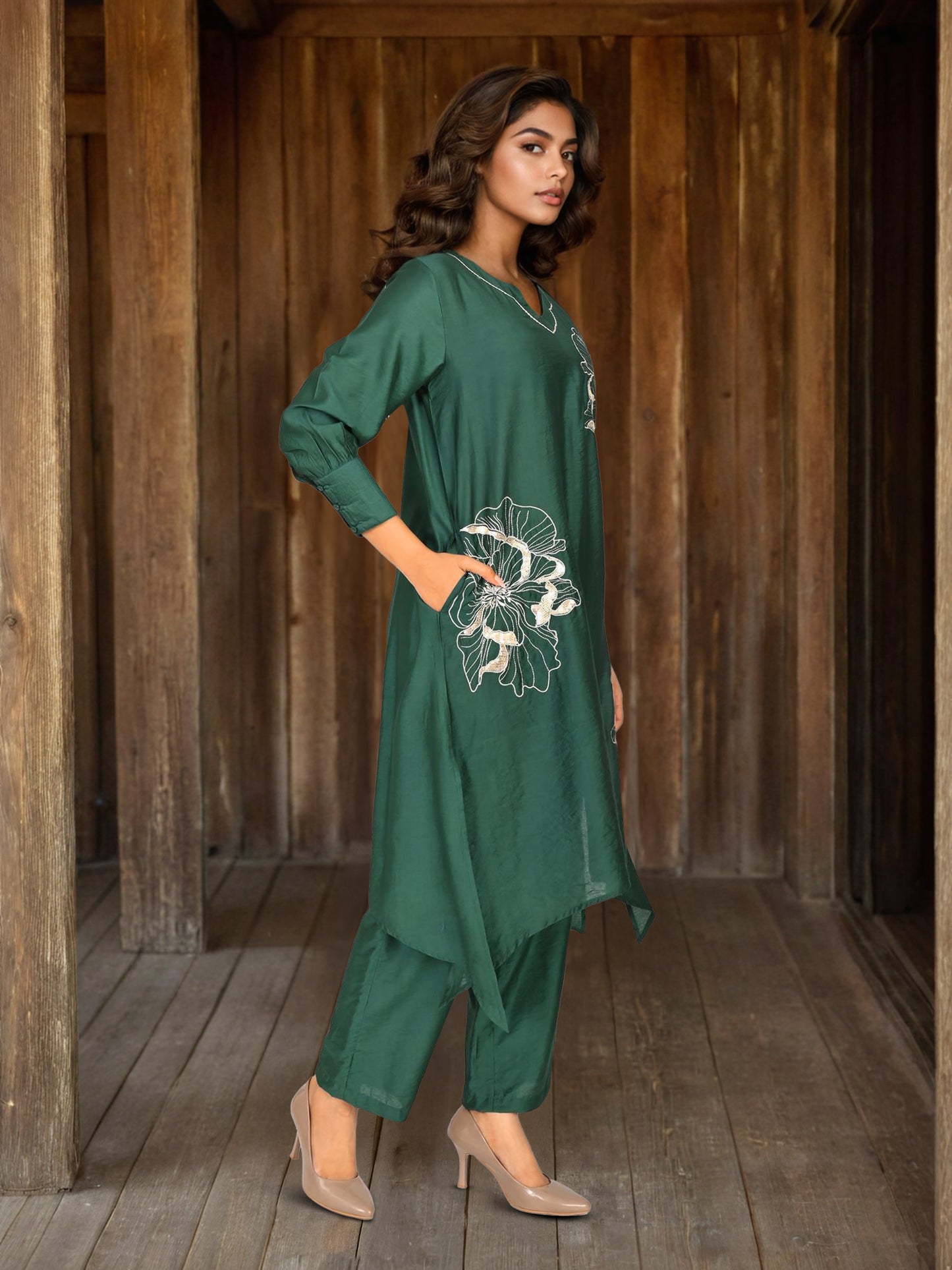 Green Zari Embroidery Asymmetrical Kurta Pant set