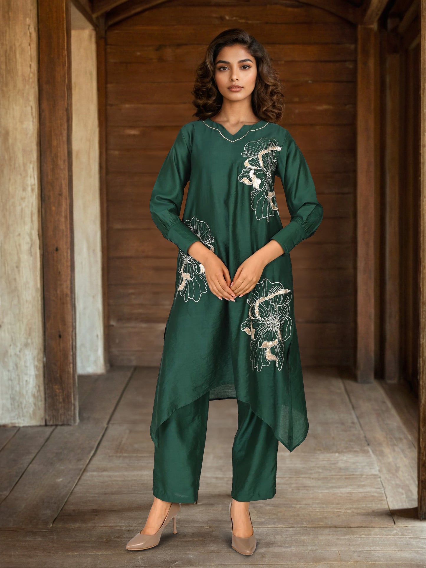 Green Zari Embroidery Asymmetrical Kurta Pant set