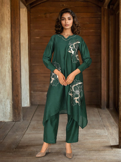 Green Zari Embroidery Asymmetrical Kurta Pant set - Coord Set for Women