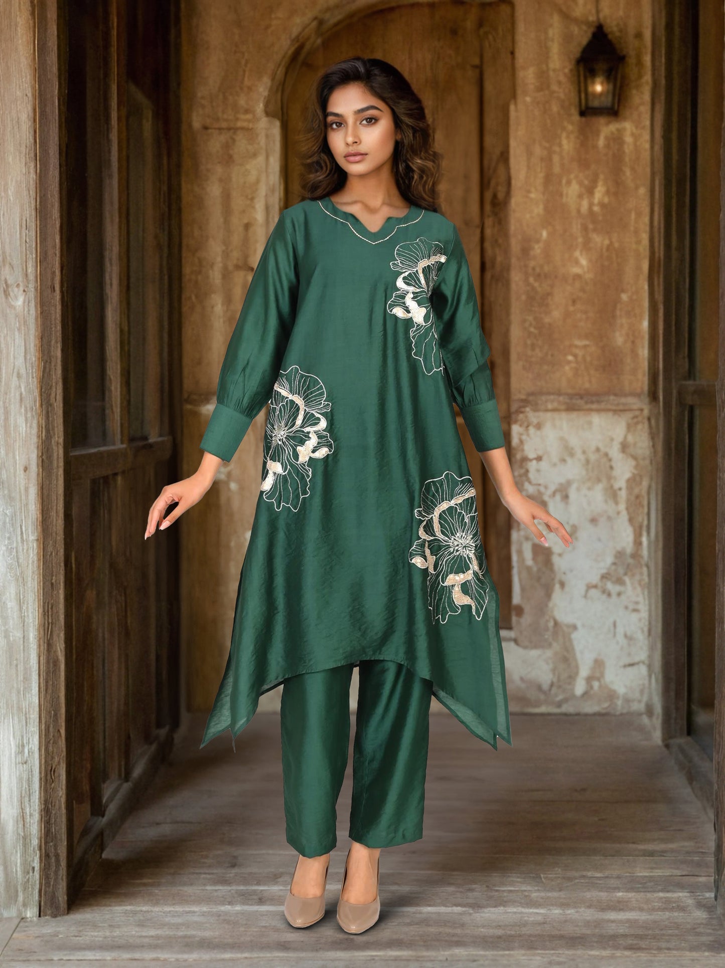 Green Zari Embroidery Asymmetrical Kurta Pant set