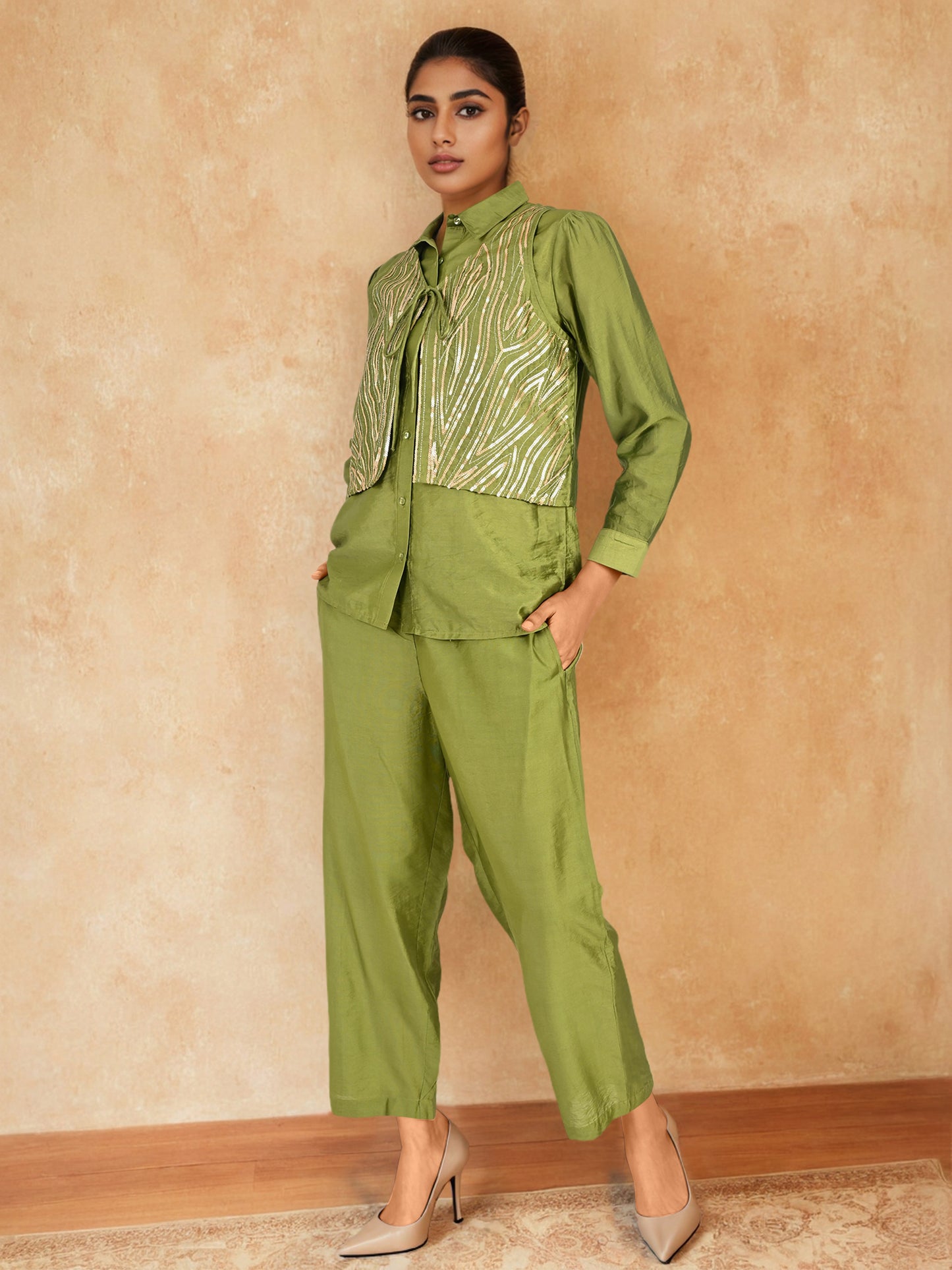 Green Sequin Partywear Waistcoat Co-Ord set