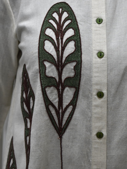 Natura Off White Shirt Co Ord Set with Green Wide Leg Pants