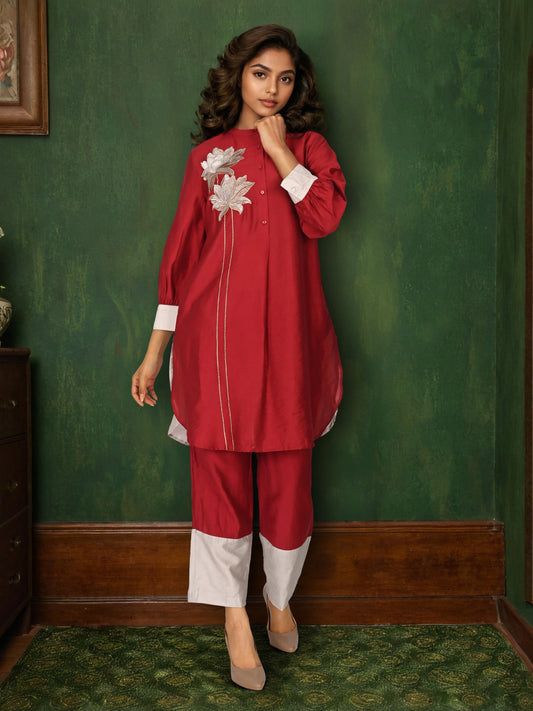 Maroon and Gray Floral Patch Work Festive Co-Ord set
