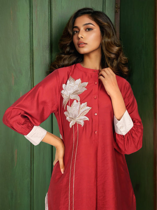 Maroon and Gray Floral Patch Work Festive Co-Ord set