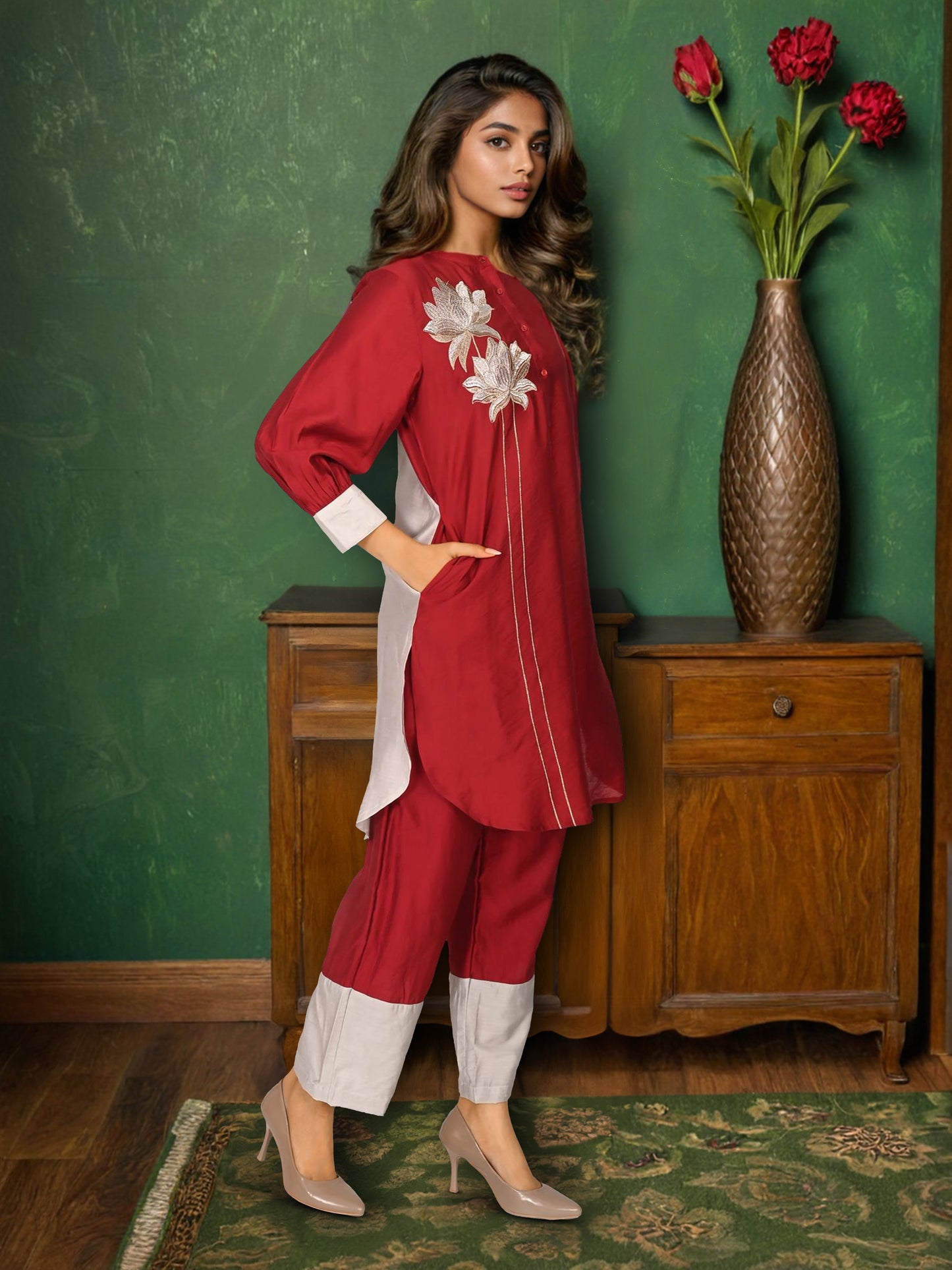 Maroon and Gray Floral Patch Work Festive Co-Ord set