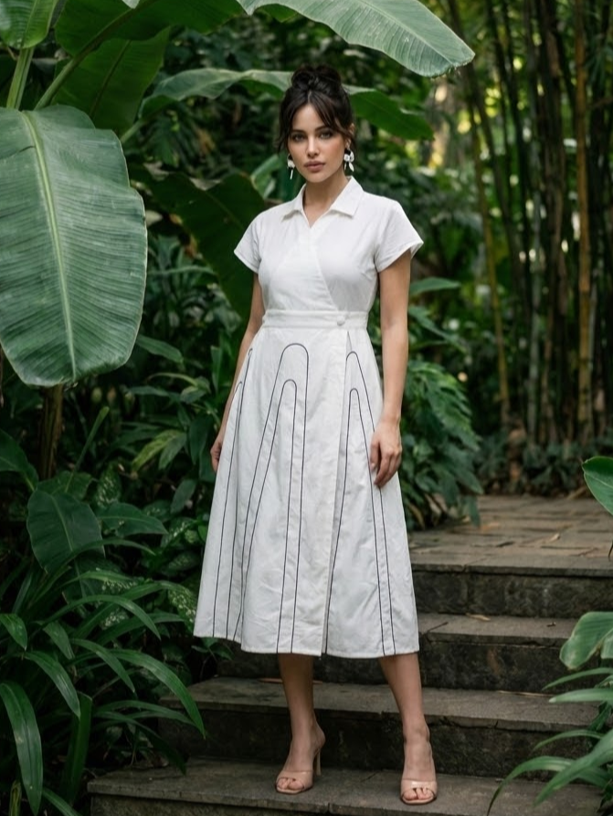 Wrap Style White Midi Dress