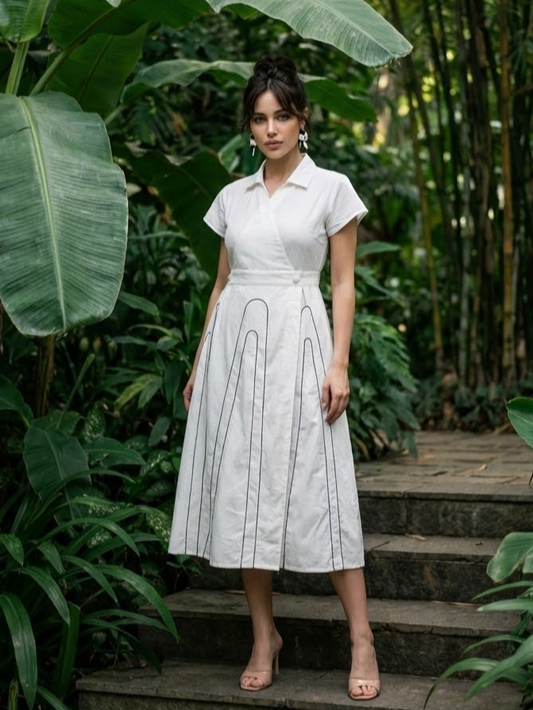 Wrap Style White Midi Dress
