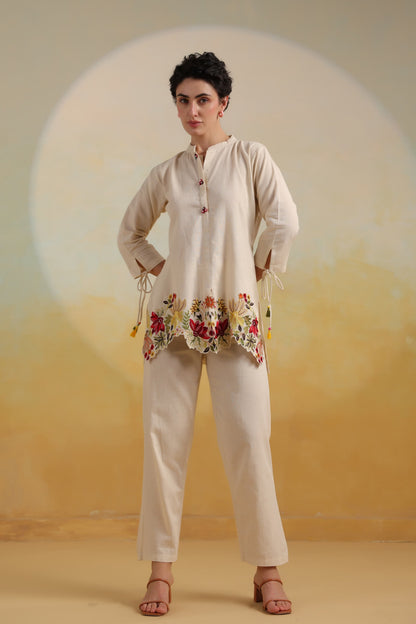 Floral Embroidered Beige Co-ord set