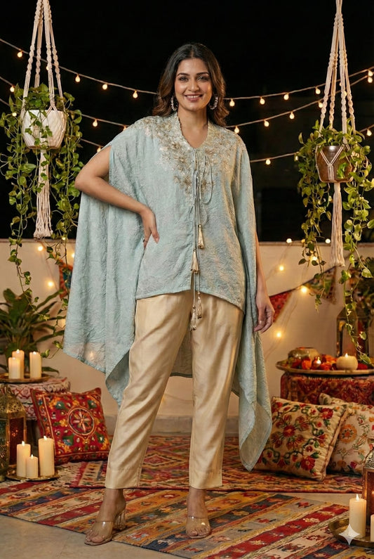 Pastel Blue Indo Western Kaftan Kurta Set for Women | Embroidered Co-Ord - Kaftan Pant Set
