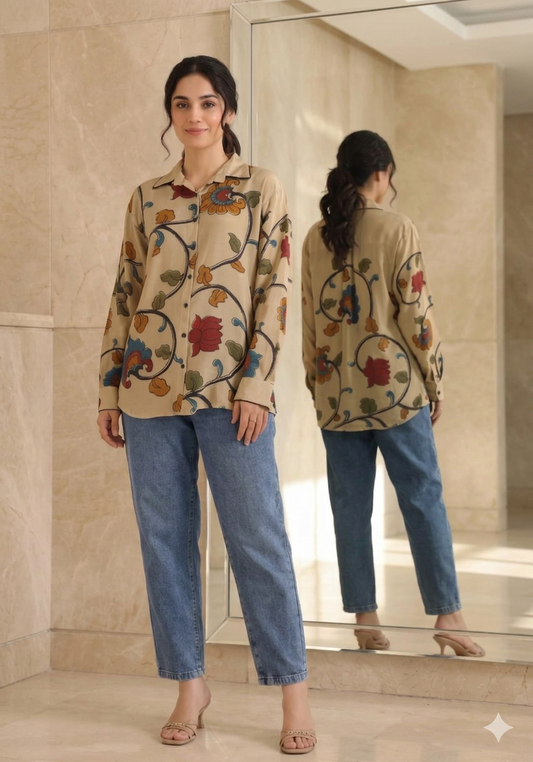 Beige Kalamkari-Inspired Floral Muslin Shirt
