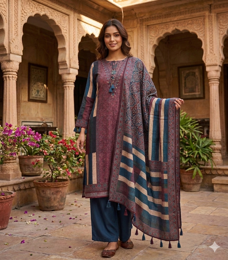 Ajrakh Blue Beige Stripe Kurta Pant Dupatta set