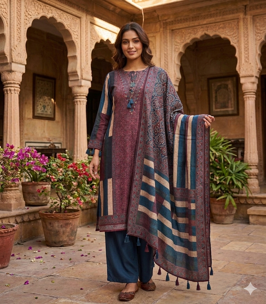 Ajrakh Blue Beige Stripe Kurta Pant Dupatta set