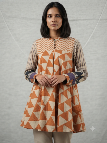 Orange Mul Chanderi Short Kurti for Women