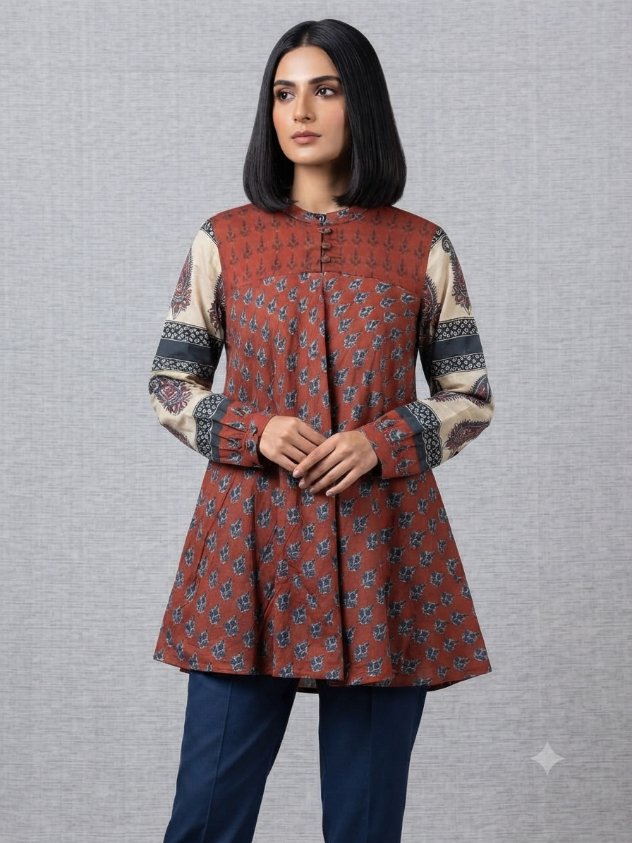 Red beige ajrakh inspired Mul Chanderi Short Kurti for Women
