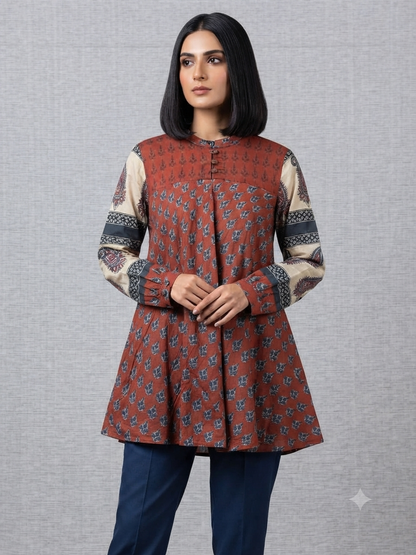 Red beige ajrakh inspired Mul Chanderi Short Kurti for Women