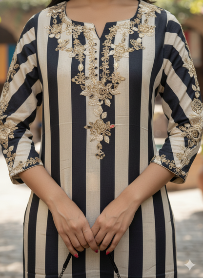 Black & White Stripe Mirror Work Partywear Kurta set - Coord Set for Women