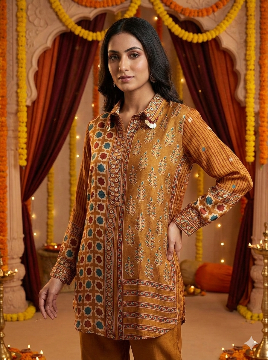 Yellow Ajrakh Printed Indo-Western Crepe Shirt Top