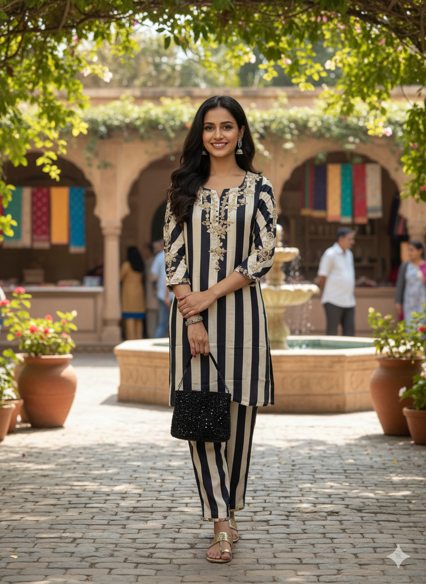 BLACK AND WHITE STRIPE MIRROR WORK KURTA SET