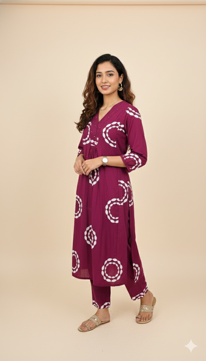 Maroon Printed Kurti Pant set