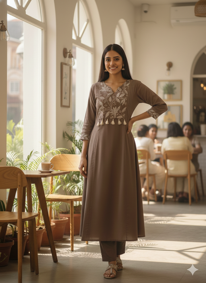 Mocha Brown Embroidered Cotton Kurta Set for Women - Suit Set Kurti Pant Dupatta Set