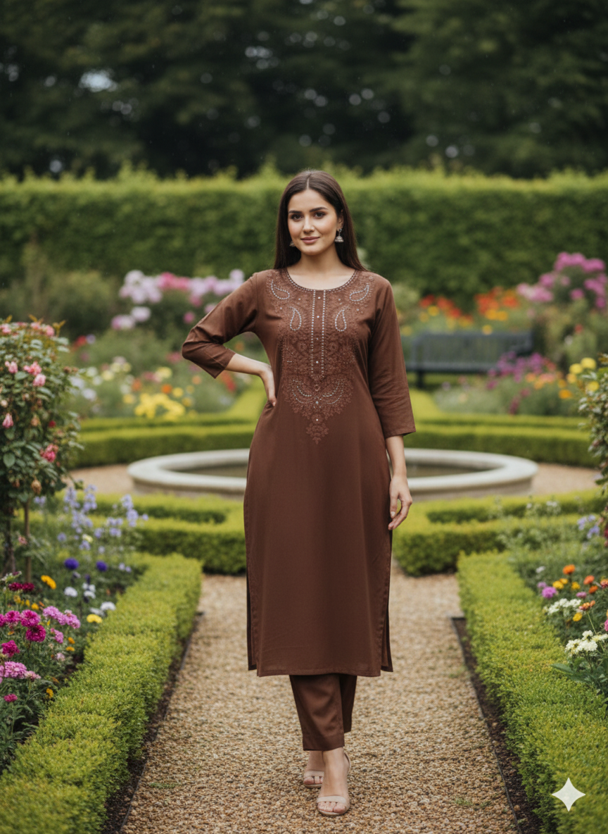 Brown Embroidered Cotton Kurta Pant Set for Women