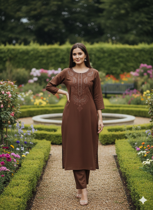 Brown Embroidered Office Wear Kurta Pant Set for Women