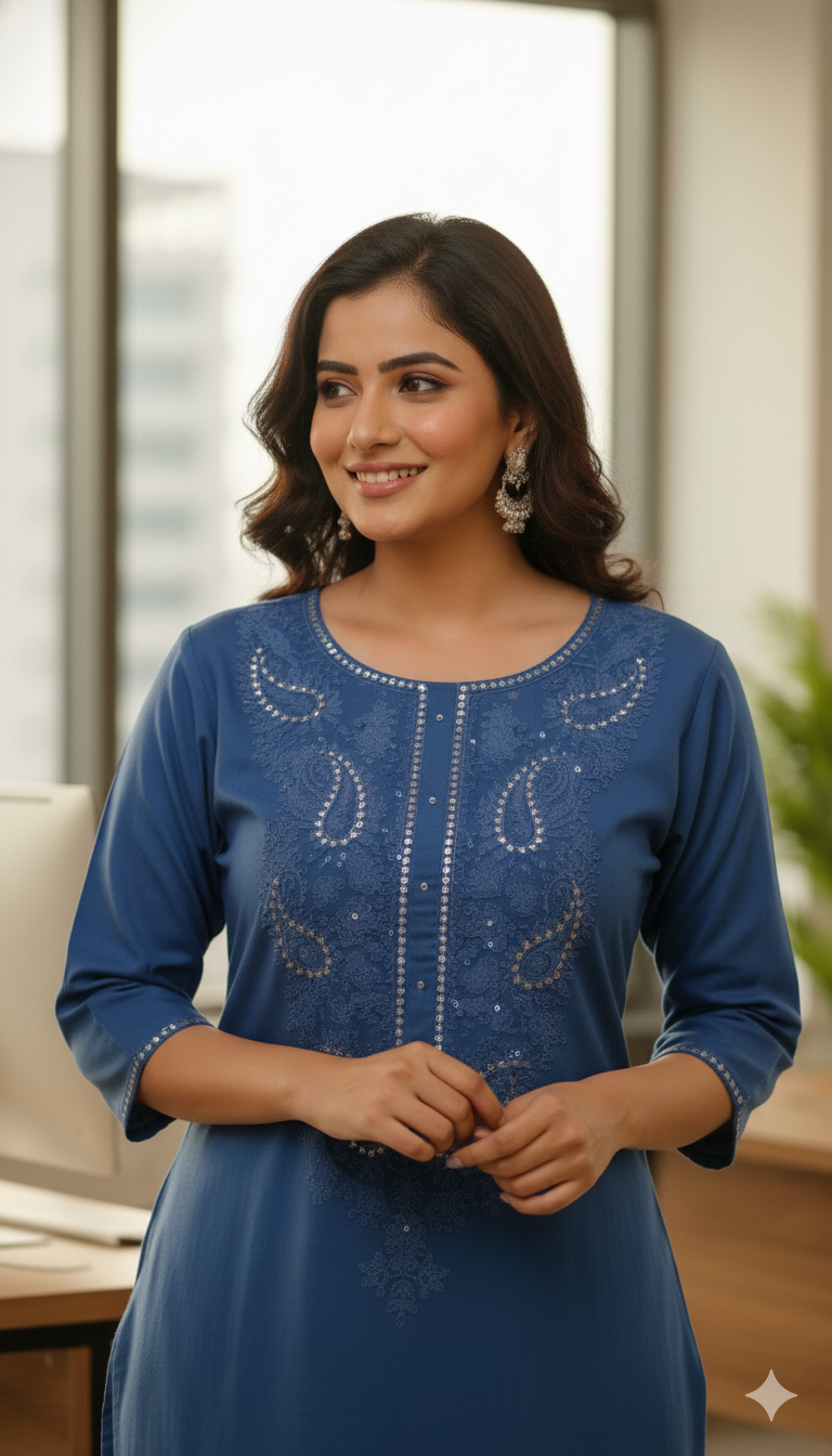 Blue Embroidered Office Wear Kurta Pant Set for Women